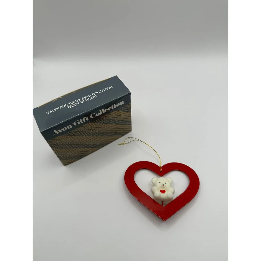 Avon Valentine Teddy Bear Collection‎ Teddy In Heart Ornament Red White Vintage